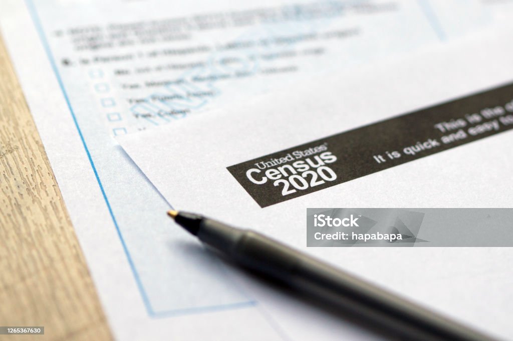 United States Census 2020 Form Closeup of United States Census 2020 form informational copy and a ballpoint pen on wooden background. Census Stock Photo