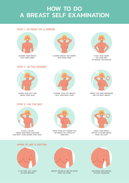 infografik, wie man eine brust-selbstuntersuchung durchgeht - breast breast cancer breast examination cancer stock-grafiken, -clipart, -cartoons und -symbole