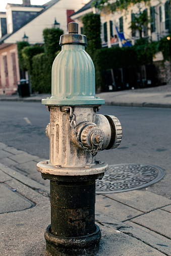 Urban Fire Hydrant. Blue Top Fire Hydrant on Street. Vintage Looking Old Hydrant. Water Hydrant Fire Department Blue Cap