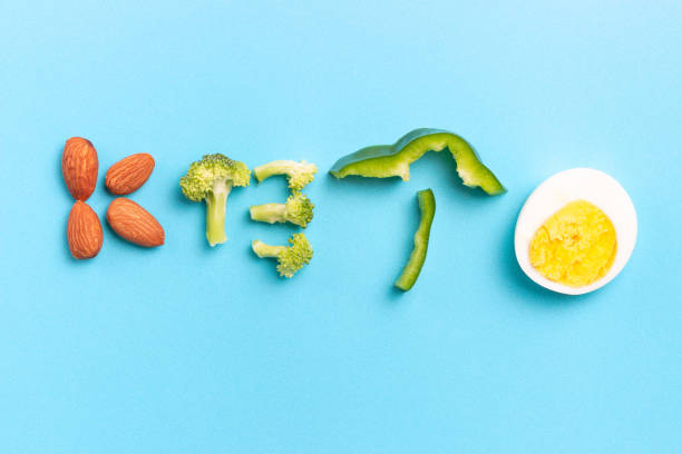 istock Keto lettering made of vegetables and nuts on blue background 1265384036