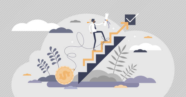 Student loans as financial attachment of university debt tiny person concept Student loans as financial attachment from university debt flat tiny person concept. Money investment in academic knowledge with payment commitment vector illustration. Graduation with chain to weight pics for graduation free stock illustrations