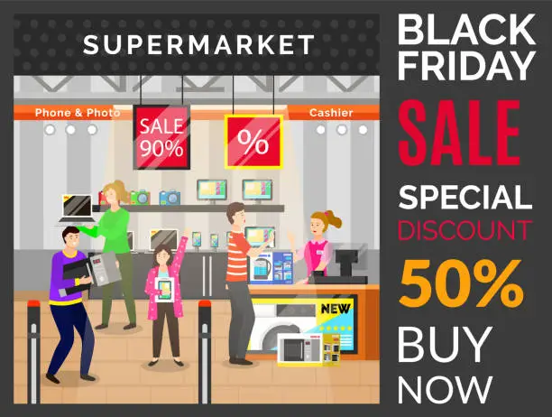 Vector illustration of Supermarket of Electronics on Black Friday Sales