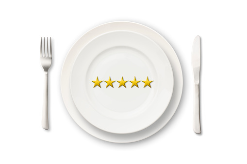 Overhead shot of five stars with dinner plate isolated on white background.