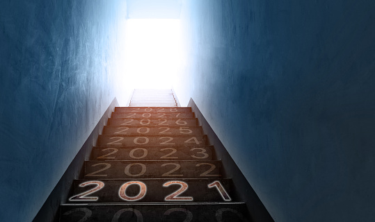 Number of 2021 to 2028 on empty staircase in public building