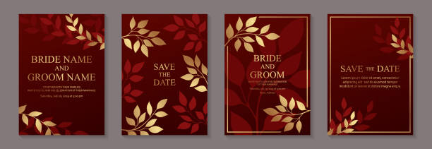 Modern floral luxury wedding invitation design or card templates for birthday greeting or certificate or cover. Set of four cards with golden autumn leaves on a red background. thank-you-gold-greeting-card stock illustrations