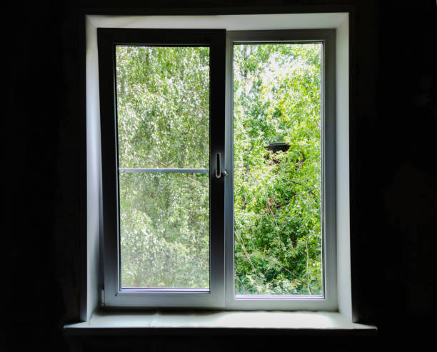 istock Plastic white window with a view of green trees . 1265435483