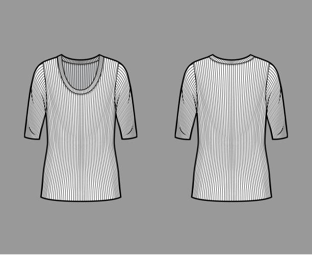 istock Ribbed scoop neck knit sweater technical fashion illustration with elbow sleeves, oversized body, tunic length 1265436400