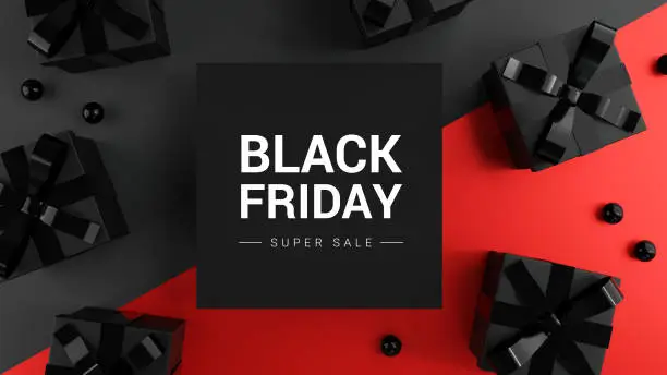 Photo of Black Friday Super Sale. Realistic black gifts boxes on dark and red background. Banner poster, header website. 3d render.