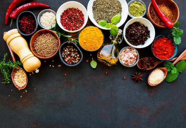 istock Assortment of spices on black 1265438721