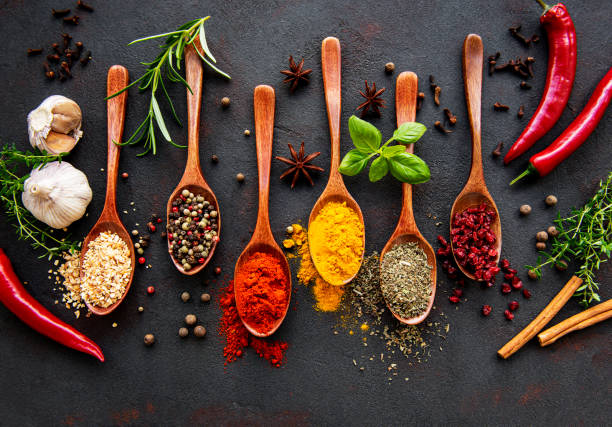 istock Assortment of spices on black 1265438727