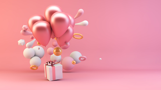 Balloons holding pink gift surrounded by geometric shapes 3d rendering
