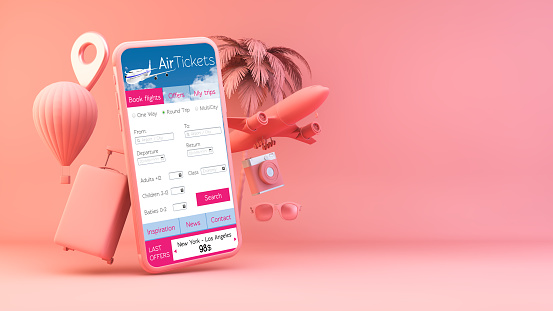 Pink smartphone with travel objects and air tickets app 3d rendering