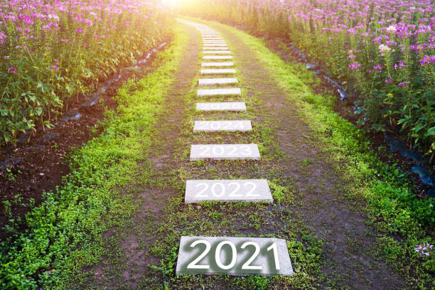 istock Number of 2021 to 2030 on stone pathway 1265448287
