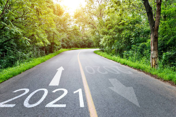 istock Country road through the forest with number 2021 on ground 1265451114
