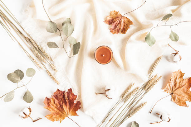 istock Autumn composition. Dried leaves, plaid on white background. Autumn, fall, thanksgiving day concept. Flat lay, top view 1265452992