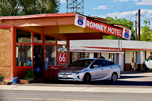 Seligman, Arizona, USA - July 30, 2020: The Romney Motel is located along historic Route 66 in the heart of Seligman, Arizona.