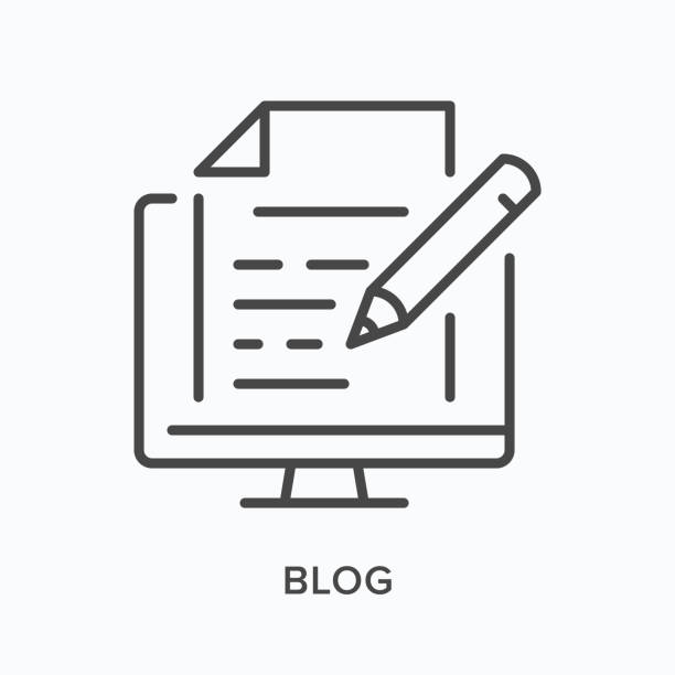Blog content flat line icon. Vector outline illustration of computer with article and pencil. Copywriter thin linear pictogram Blog content flat line icon. Vector outline illustration of computer with article and pencil. Copywriter thin linear pictogram. proof reading documents stock illustrations