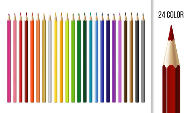 ilustraciones, imágenes clip art, dibujos animados e iconos de stock de conjunto de lápices de diferentes colores aislados sobre fondo blanco. - in a row multi colored bright yellow