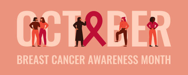 October Breast cancer awareness and prevention month banner. Strong women stand together October Breast cancer awareness and prevention month banner. Strong women stand together near the word "October". Concept of support females fighting oncological disease. Vector illustration. breast cancer awareness stock illustrations