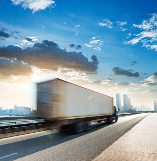 istock Truck speeding on city viaduct 1265481145