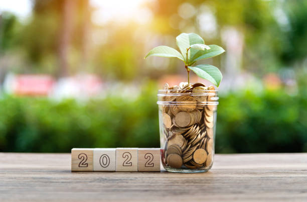 istock Coin jar and number 2022 on the table 1265482892