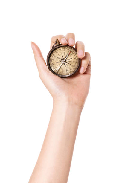 istock woman hand holding a vintage compass isolated on white. 1265499286