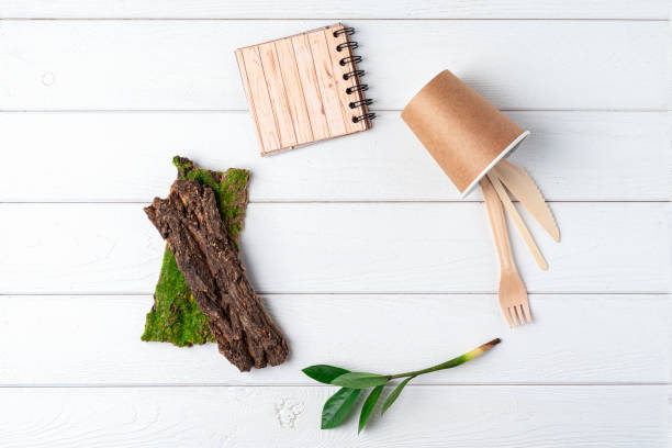istock Flat lay Zero waste, eco friendly, natural organic plastic free concept. Craft notebook coffee cup, green leaves sprout, bark tree and recycled cutlery top view. Earth, biodegradable with copy space 1265500959