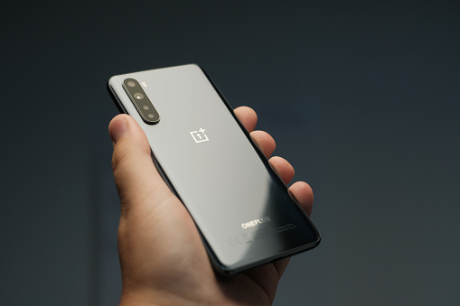 AUGUST 2020, RIGA - Newly launched Oneplus Nord budget  Android smartphone is displayed for editorial purposes