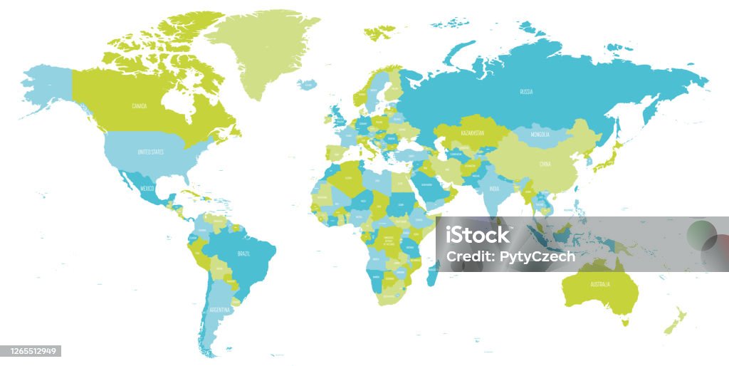Carte du monde dans les tons de vert et de bleu. Carte politique de détail avec des noms de pays. Illustration vectorielle - clipart vectoriel de Planisphère libre de droits