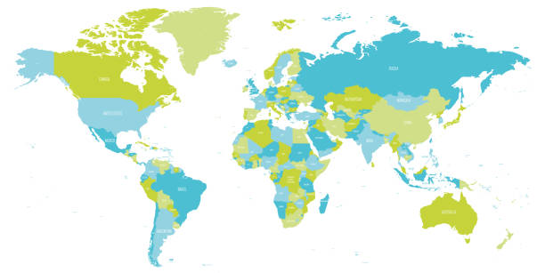 illustrations, cliparts, dessins animés et icônes de carte du monde dans les tons de vert et de bleu. carte politique de détail avec des noms de pays. illustration vectorielle - world map