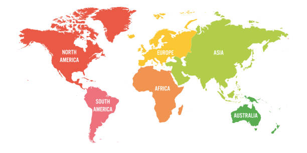 ilustraciones, imágenes clip art, dibujos animados e iconos de stock de mapa del mundo dividido en seis continentes. cada continente de diferente color. ilustración vectorial plana simple - europa continente