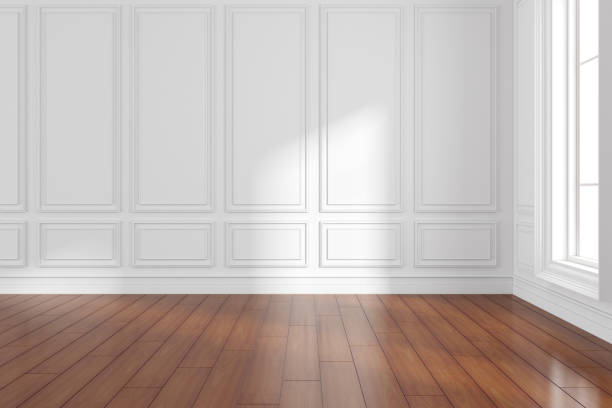 istock 3D render of empty room with wooden floor and classic wall. 1265514758
