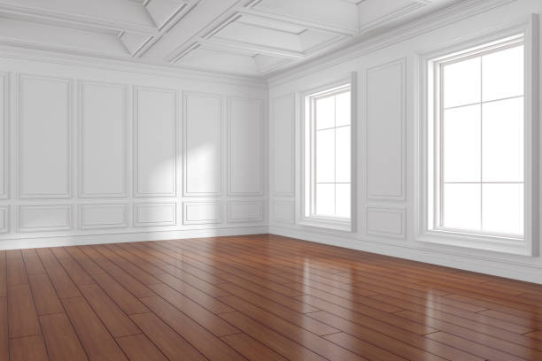 istock 3D render of empty room with wooden floor and classic wall. 1265515056