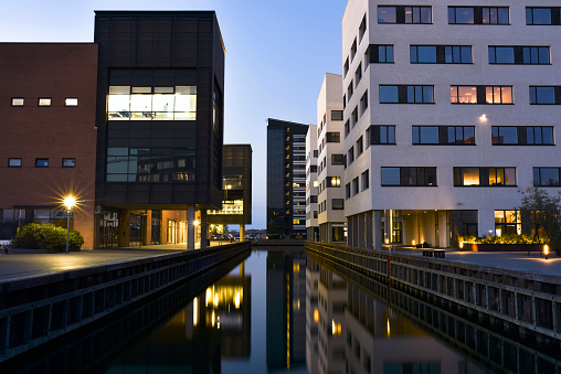 New business district on canal in Copenhagen, Denmark