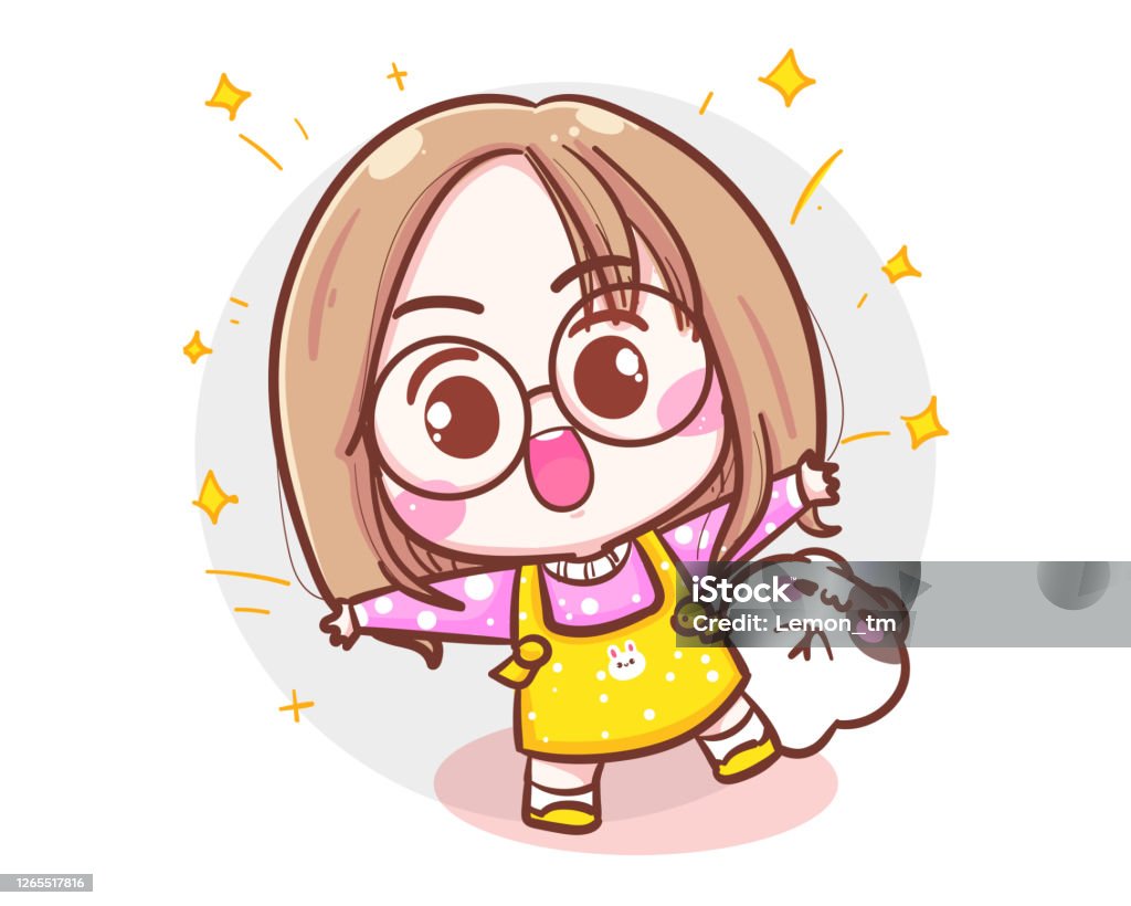 Nhân Vật Của Cô Gái Dễ Thương Và Con Mèo Nhỏ Ăn Mừng Và Vui Vẻ Cô ...