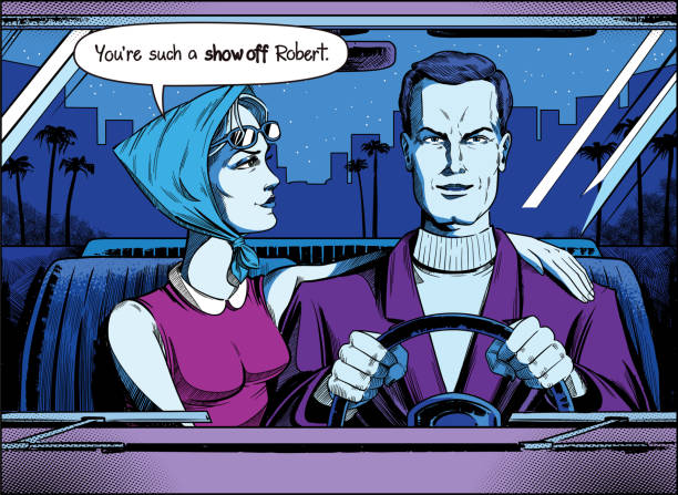 Couple in a car Rich couple riding in a car woman driving car night stock illustrations