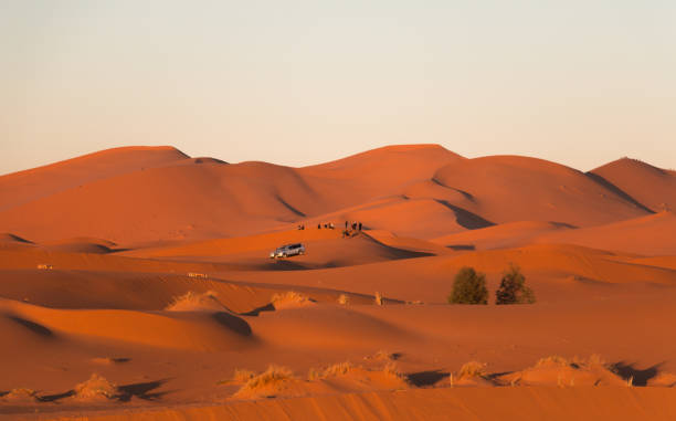 Landscape of the Erg Chebbi desert dunes in Merzouga, Morocco at sunrise with tour cars with tourists in the background stock photo