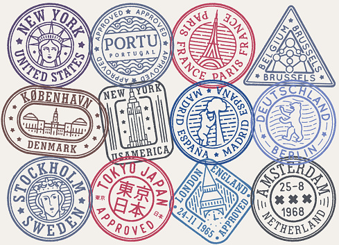 Stamp concept set with tourist attractions of world city and capital. Сoat of arm and symbol collection of city and country. Visa passport stamps, airport or postal stamp