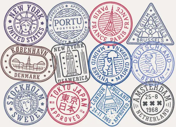 Vector illustration of Stamp concept set with tourist attractions of world city and capital. Сoat of arm and symbol collection of city and country. Visa passport stamps, airport or postal stamp.