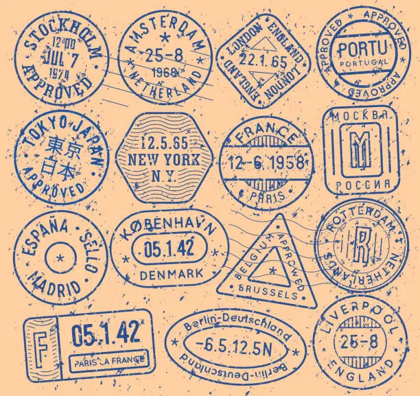 Vector illustration of Blue ink stamps icon set. Approved visa signs collection. International passport elements. Retro tourism emblems. Vintage post office symbols. Old postal letter with postmarks.