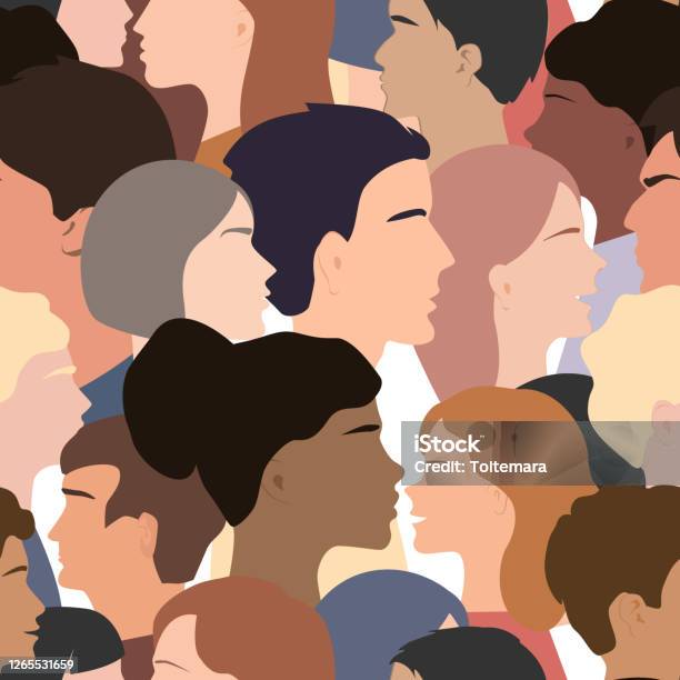 Seamless Pattern Of Different People Profile Heads Humans Of Different Gender Ethnicity And Color Vector Background Stock Illustration - Download Image Now