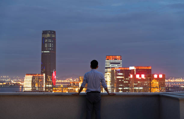 istock Businessman looking at cityscape on the rooftop 1265543656
