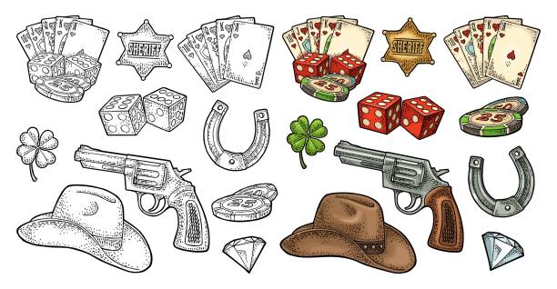 ilustrações de stock, clip art, desenhos animados e ícones de casino set. vector vintage color engraving isolated on white - poker cards royal flush heart shape