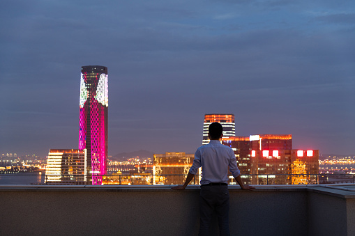 Businessman looking at cityscape on the rooftop.