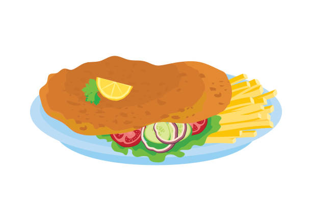 венский шницель с картофелем фри и салатом значок вектор - cutlet pork steak schnitzel stock illustrations