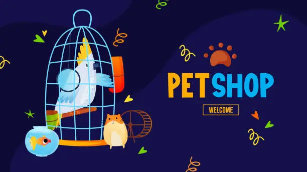 Vector illustration of Pet shop text label. Parrot, hamster and aquarium.