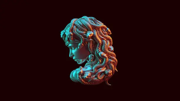 Photo of Antique Silver Medusa with Red Orange and Blue Green Moody 80s lighting