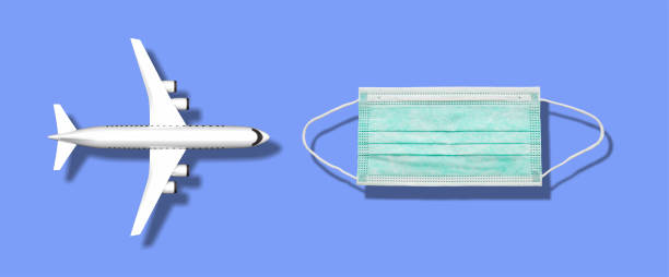 istock Plane model and medical mask on blue background. 3d illustration 1265553224
