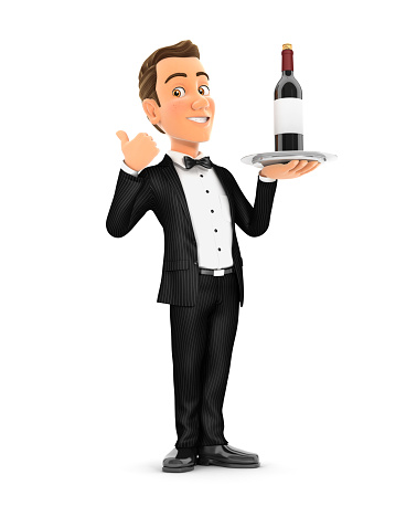 3d waiter standing with wine bottle and thumb up, illustration with isolated white background