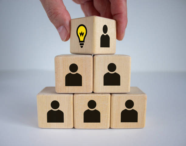 istock Leader with idea and innovation. Man hand flips cube with icon light bulb and human symbol. Business concept. 1265557082